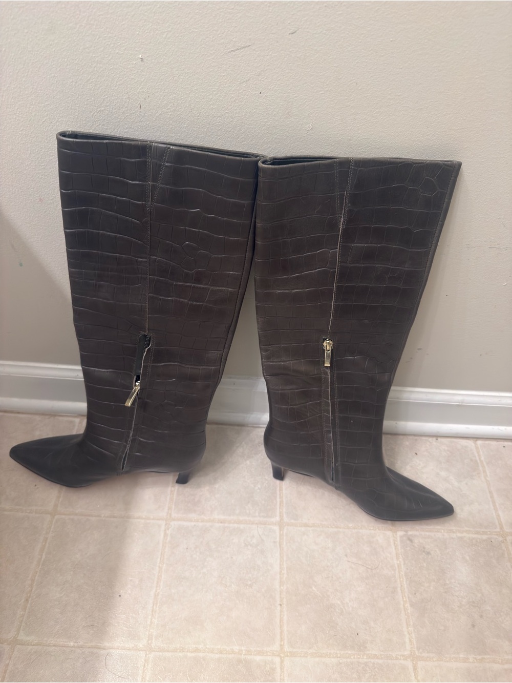 Nordstrom Dark Brown Croc-Embossed Knee Boots with Gold Zipper